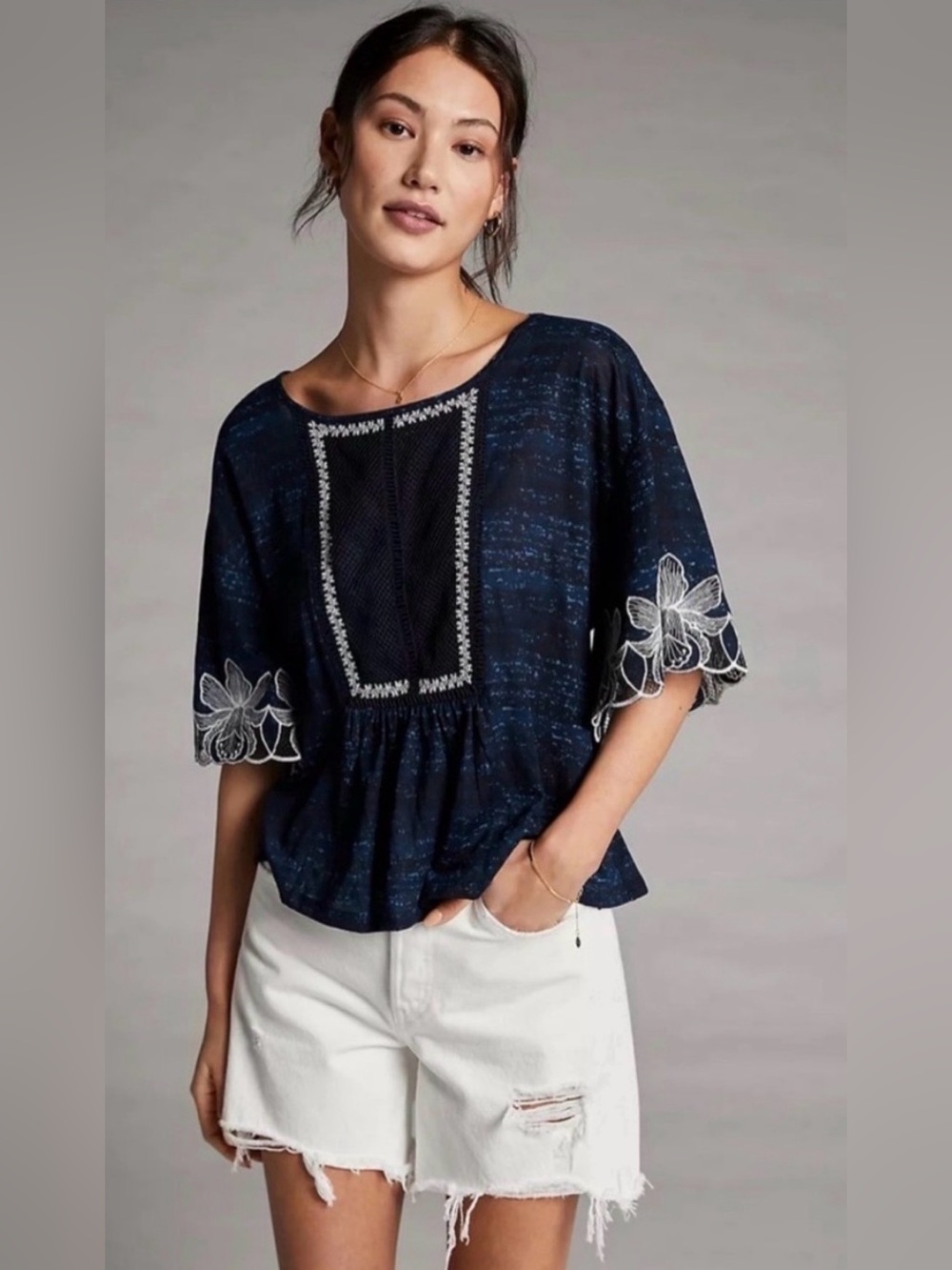 Pilcro Navy Embroidered Peasant Blouse